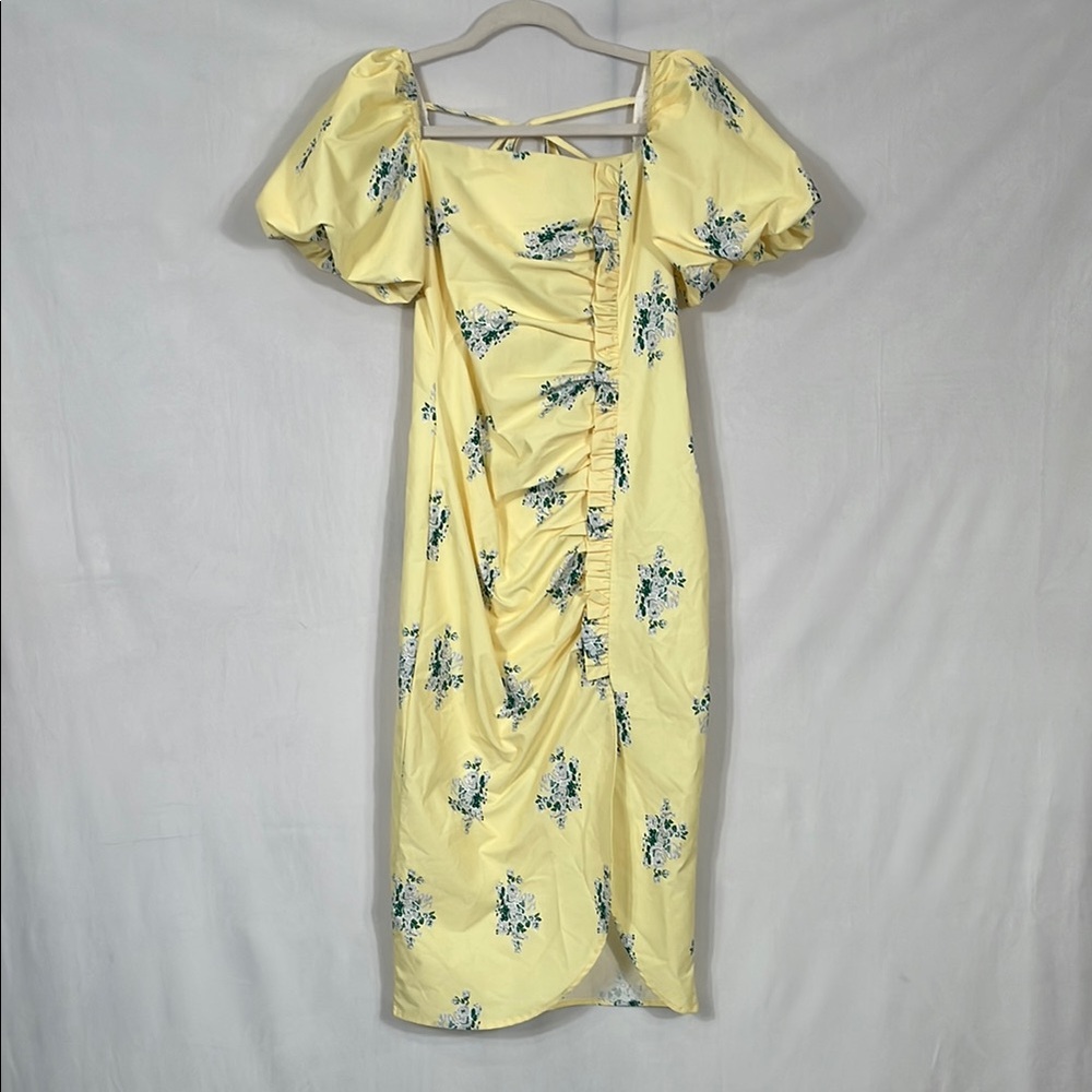 NWT Beulah Midi Dress Size S Yellow Floral With Puff Sleeves